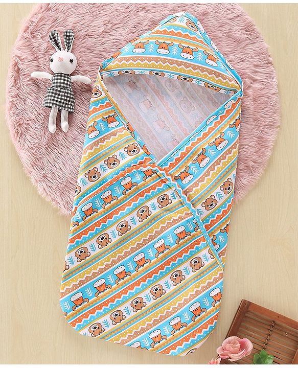 Babyhug Cotton Interlock Bear Printed Towel with Hood L 76 x B 76 cm - Blue Yellow & Orange