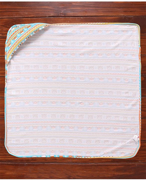 Babyhug Cotton Interlock Bear Printed Towel with Hood L 76 x B 76 cm - Blue Yellow & Orange