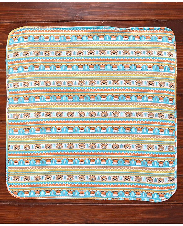 Babyhug Cotton Interlock Bear Printed Towel with Hood L 76 x B 76 cm - Blue Yellow & Orange