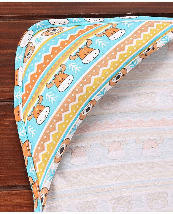 Babyhug Cotton Interlock Bear Printed Towel with Hood L 76 x B 76 cm - Blue Yellow & Orange