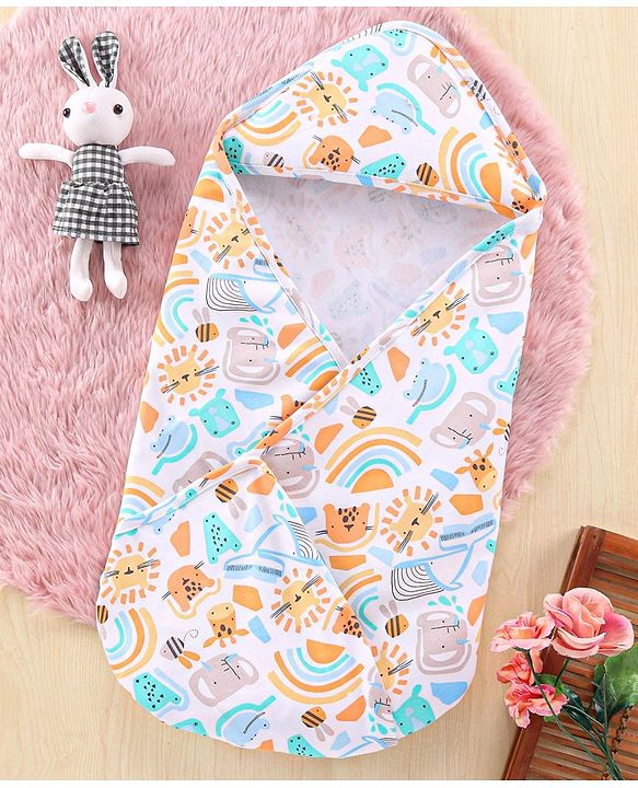 Babyhug Cotton Interlock Knit Towel with Hood Animal Print L 76 x B 76 cm - Yellow White & Blue