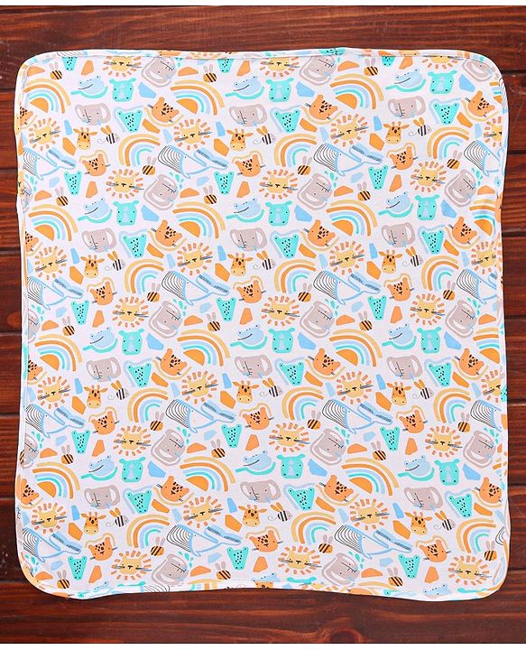 Babyhug Cotton Interlock Knit Towel with Hood Animal Print L 76 x B 76 cm - Yellow White & Blue