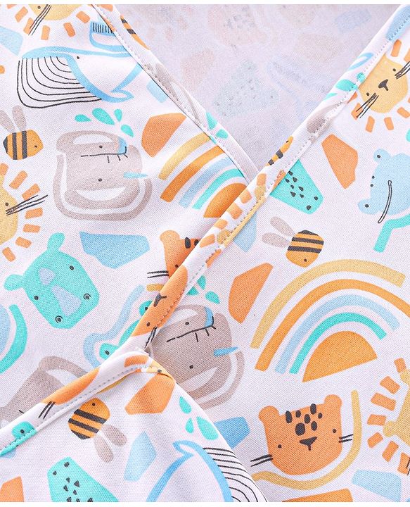 Babyhug Cotton Interlock Knit Towel with Hood Animal Print L 76 x B 76 cm - Yellow White & Blue