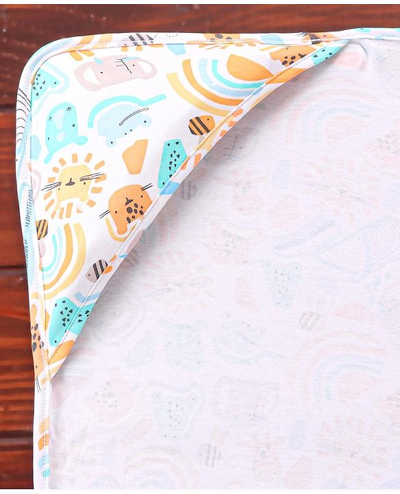 Babyhug Cotton Interlock Knit Towel with Hood Animal Print L 76 x B 76 cm - Yellow White & Blue