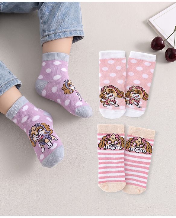Cute Walk by Babyhug Cotton Blend Ankle Length Anti Bacterial Socks Paw Patrol Design Pack of 3 - Pink & Purple