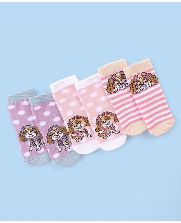 Cute Walk by Babyhug Cotton Blend Ankle Length Anti Bacterial Socks Paw Patrol Design Pack of 3 - Pink & Purple