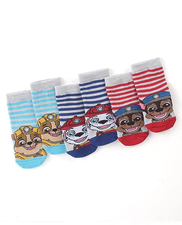 Cute Walk by Babyhug Cotton Blend Ankle Length Anti Bacterial Socks Paw Patrol Design Pack of 3 - Red & Blue