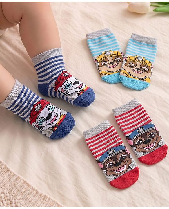 Cute Walk by Babyhug Cotton Blend Ankle Length Anti Bacterial Socks Paw Patrol Design Pack of 3 - Red & Blue