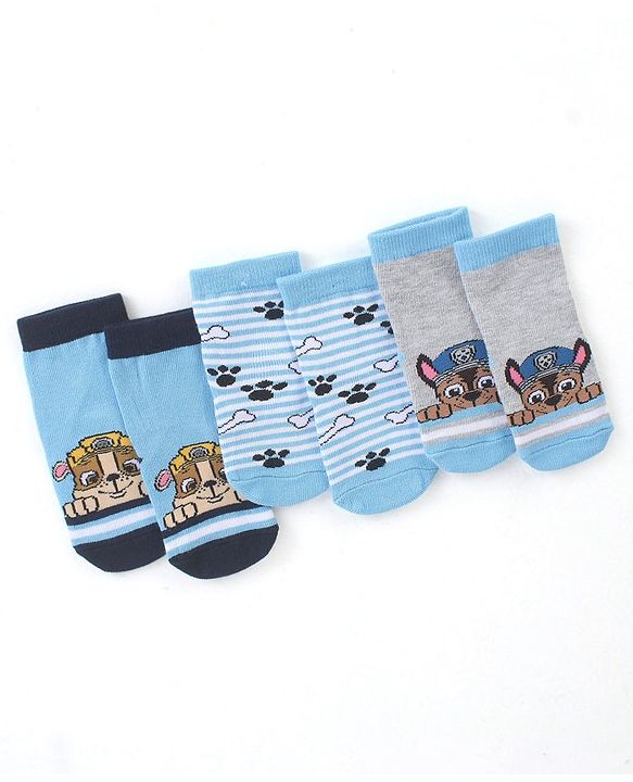 Cute Walk by Babyhug Cotton Blend Ankle Length Anti Bacterial Socks Paw Patrol Design Pack of 3 - Blue