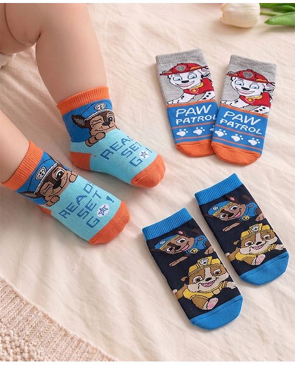Cute Walk by Babyhug Cotton Blend Ankle Length Anti Bacterial Socks Paw Patrol Design Pack of 3 - Grey & Blue