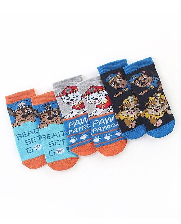 Cute Walk by Babyhug Cotton Blend Ankle Length Anti Bacterial Socks Paw Patrol Design Pack of 3 - Grey & Blue