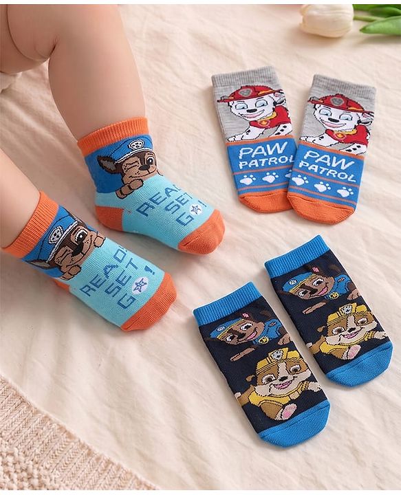 Cute Walk by Babyhug Cotton Blend Ankle Length Anti Bacterial Socks Paw Patrol Design Pack of 3 - Grey & Blue