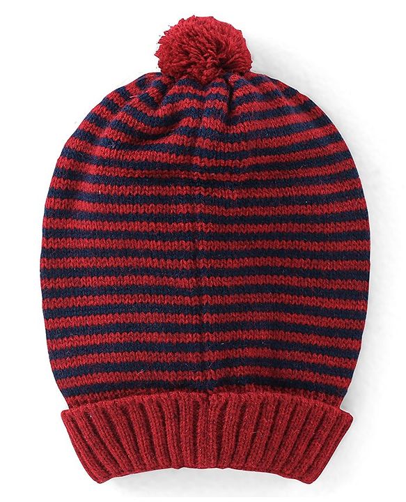 Babyhug Knit Striped Woollen Cap - Red & Black
