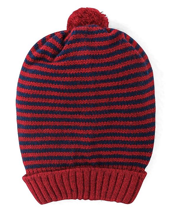 Babyhug Knit Striped Woollen Cap - Red & Black