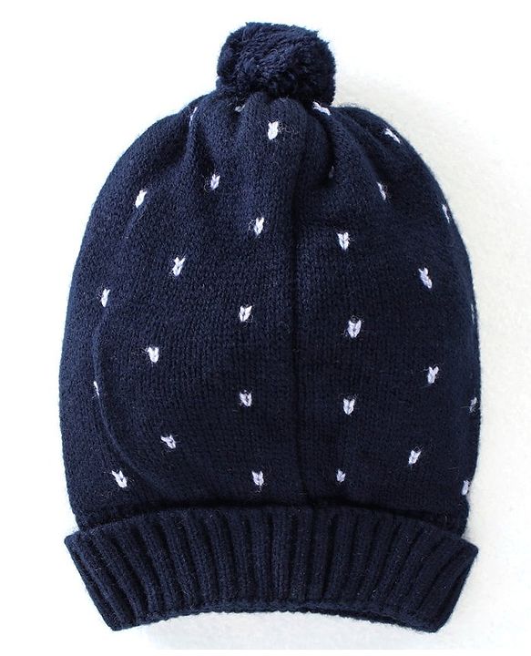 Babyhug Knitted Woolen Cap with Pom Pom Applique - Navy Blue
