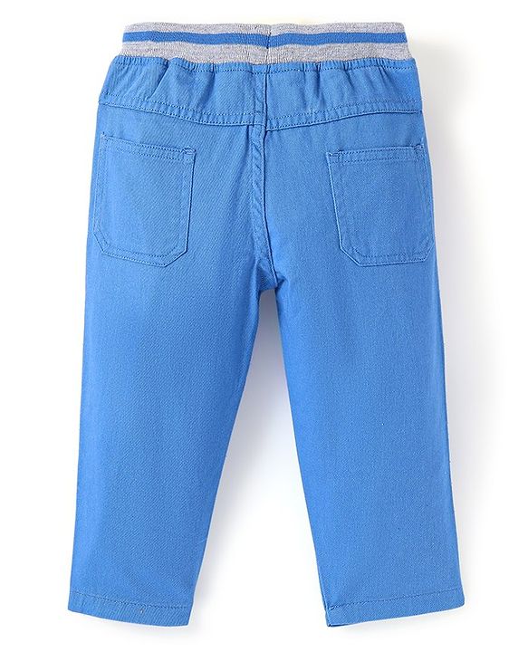 Babyhug Cotton Stretch Woven Full Length with Rib Trouser Solid Colour- Blue