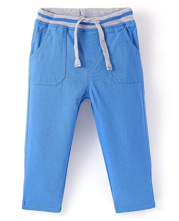 Babyhug Cotton Stretch Woven Full Length with Rib Trouser Solid Colour- Blue