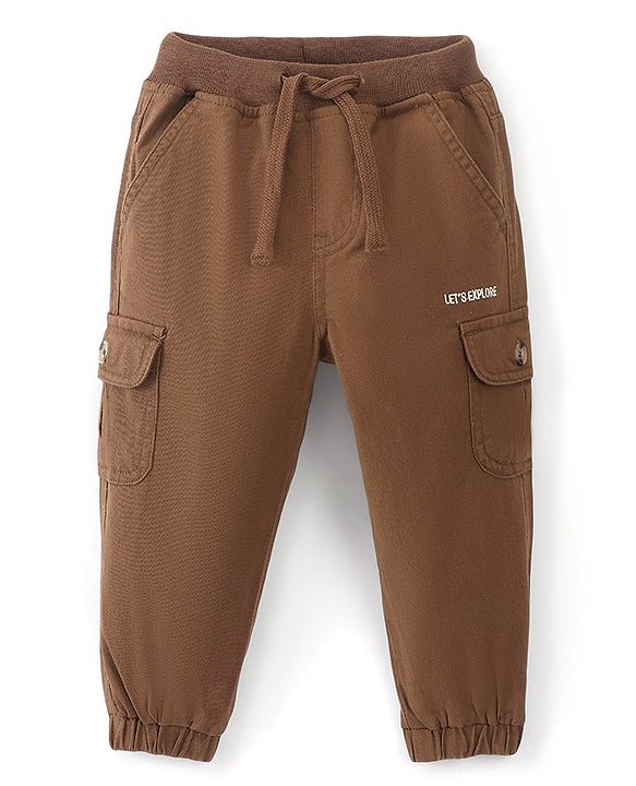 Babyhug Cotton Spandex Woven Full Length Solid Joggers - Rust Brown