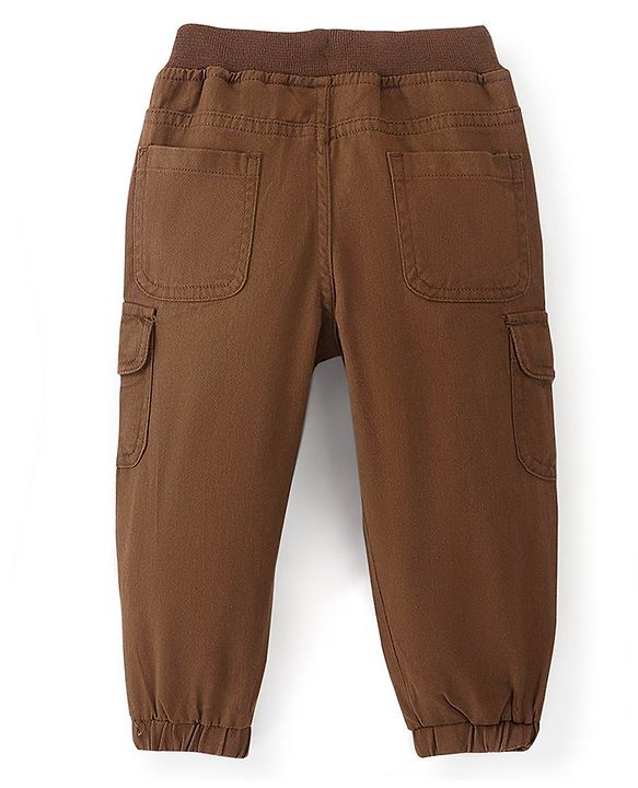 Babyhug Cotton Spandex Woven Full Length Solid Joggers - Rust Brown