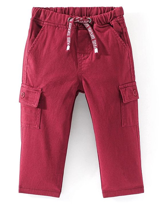 Babyhug Cotton Full Length With Stretch Trousers Solid Colour - Red