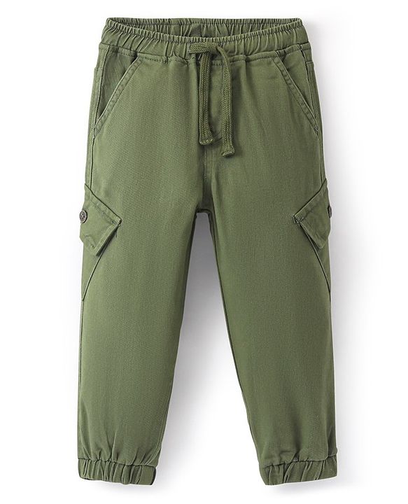 Babyhug Cotton Full Length Solid Joggers With Stretch- Olive