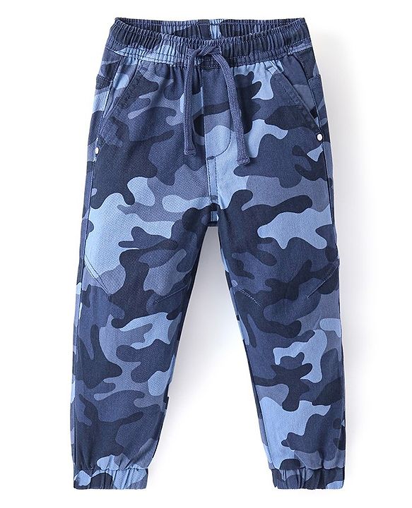 Babyhug Cotton Spandex Full Length Elasticated With Stretch Trouser Camouflage Print - Blue