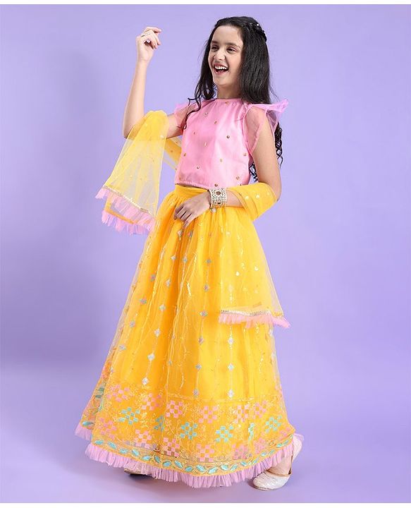 Pine Kids Woven Half Sleeves Lehenga Choli Set Embroidered - Yellow & Pink