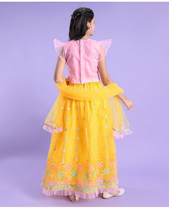 Pine Kids Woven Half Sleeves Lehenga Choli Set Embroidered - Yellow & Pink