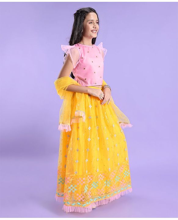Pine Kids Woven Half Sleeves Lehenga Choli Set Embroidered - Yellow & Pink
