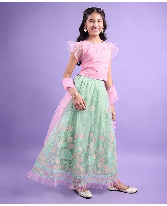 Pine Kids All Over Floral Embroidered Half Sleeves Choli Lehanga Set - Light Blue