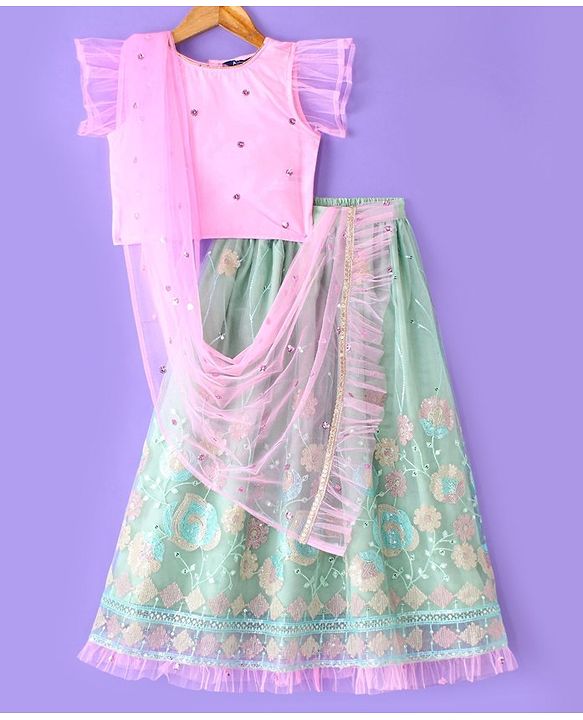 Pine Kids All Over Floral Embroidered Half Sleeves Choli Lehanga Set - Light Blue