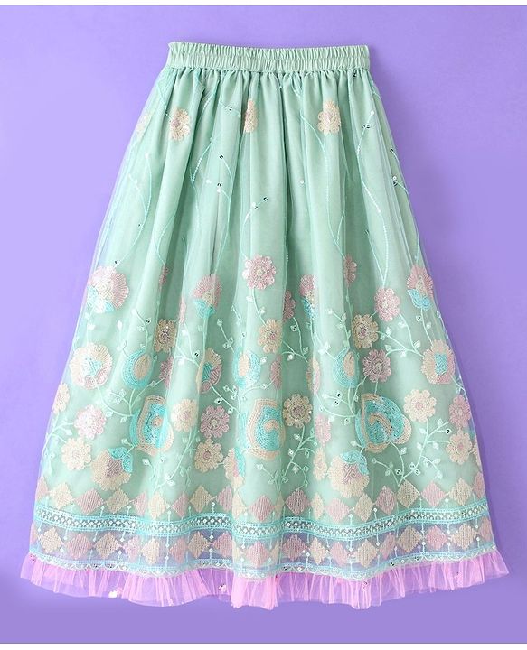 Pine Kids All Over Floral Embroidered Half Sleeves Choli Lehanga Set - Light Blue