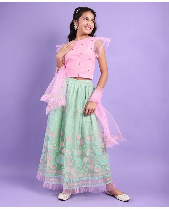 Pine Kids All Over Floral Embroidered Half Sleeves Choli Lehanga Set - Light Blue