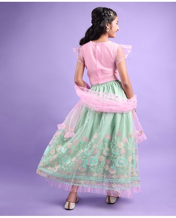 Pine Kids All Over Floral Embroidered Half Sleeves Choli Lehanga Set - Light Blue