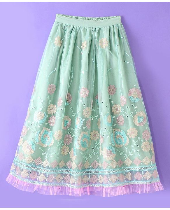 Pine Kids All Over Floral Embroidered Half Sleeves Choli Lehanga Set - Light Blue