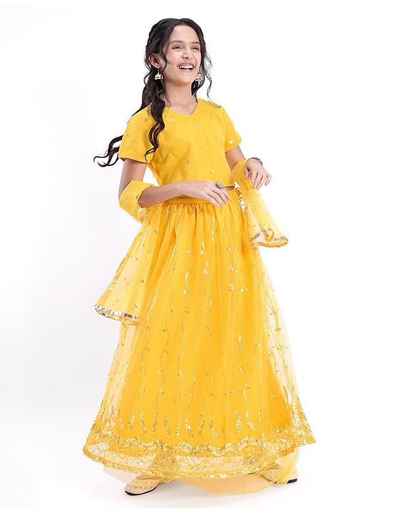 Pine Kids All Over Embroidered Half Sleeves Choli Lehenga  Set- Yellow
