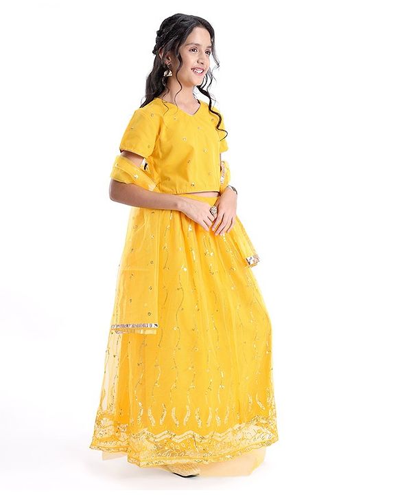 Pine Kids All Over Embroidered Half Sleeves Choli Lehenga  Set- Yellow