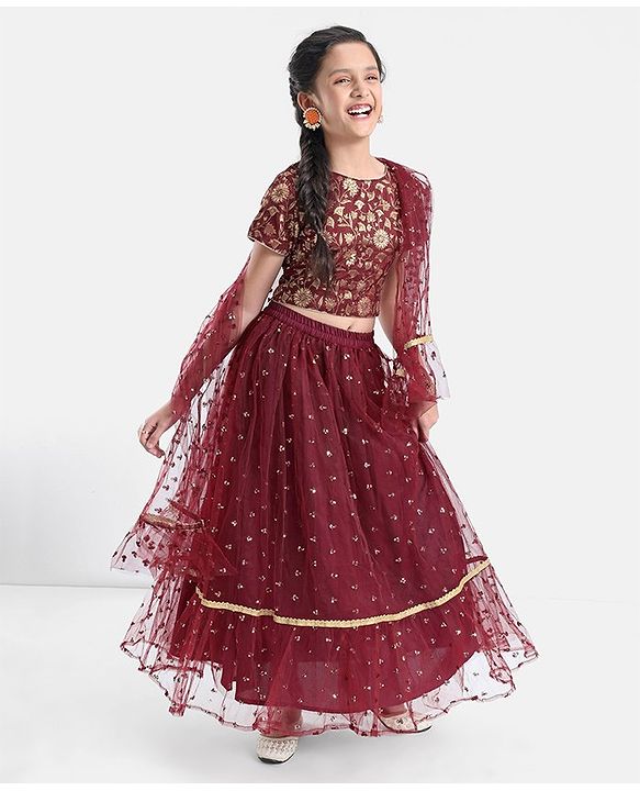 Pine Kids Woven Half Sleeves Brocade Choli Lehenga Set With Dupatta- Maroon