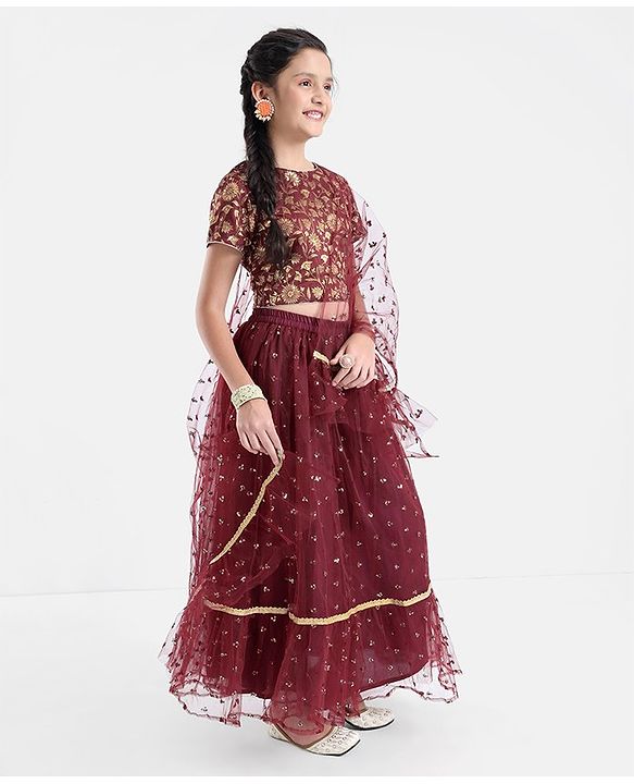 Pine Kids Woven Half Sleeves Brocade Choli Lehenga Set With Dupatta- Maroon