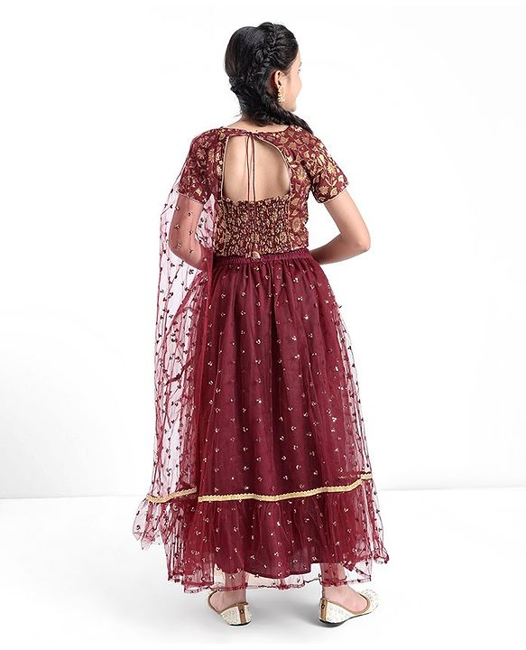 Pine Kids Woven Half Sleeves Brocade Choli Lehenga Set With Dupatta- Maroon