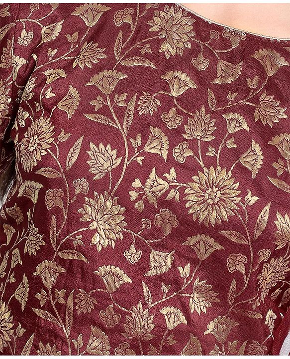 Pine Kids Woven Half Sleeves Brocade Choli Lehenga Set With Dupatta- Maroon