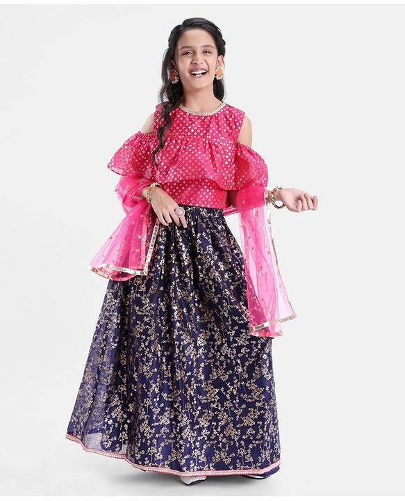Pine Kids Cold Shoulder Sleeves All Over Printed Choli Lehanga  Set - Navy