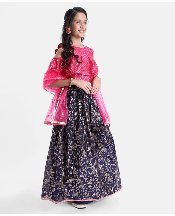 Pine Kids Cold Shoulder Sleeves All Over Printed Choli Lehanga  Set - Navy