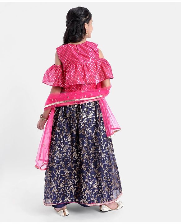 Pine Kids Cold Shoulder Sleeves All Over Printed Choli Lehanga  Set - Navy