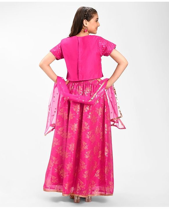 Pine Kids Embroidered Half Sleeves Choli Lehenga  Set- Pink
