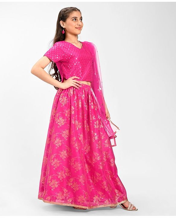 Pine Kids Embroidered Half Sleeves Choli Lehenga  Set- Pink