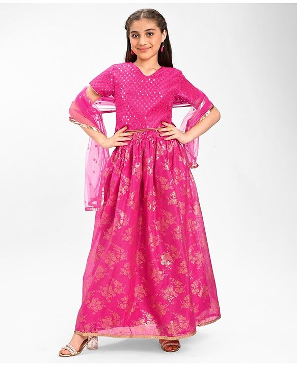 Pine Kids Embroidered Half Sleeves Choli Lehenga  Set- Pink