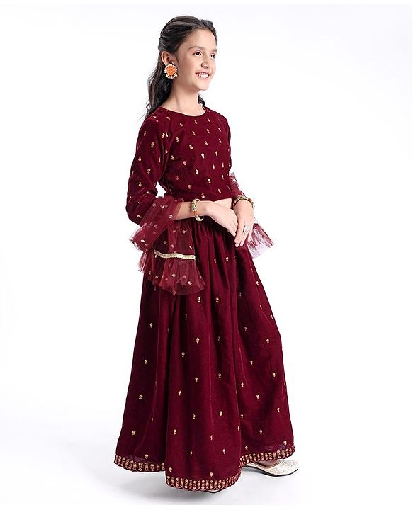 Pine Kids Woven Three Fourth Sleeves Lehenga Choli Set All Over Embroidered - Maroon