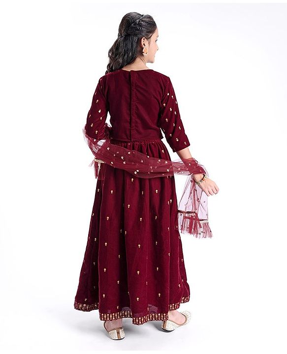 Pine Kids Woven Three Fourth Sleeves Lehenga Choli Set All Over Embroidered - Maroon