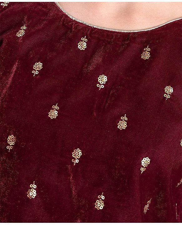 Pine Kids Woven Three Fourth Sleeves Lehenga Choli Set All Over Embroidered - Maroon